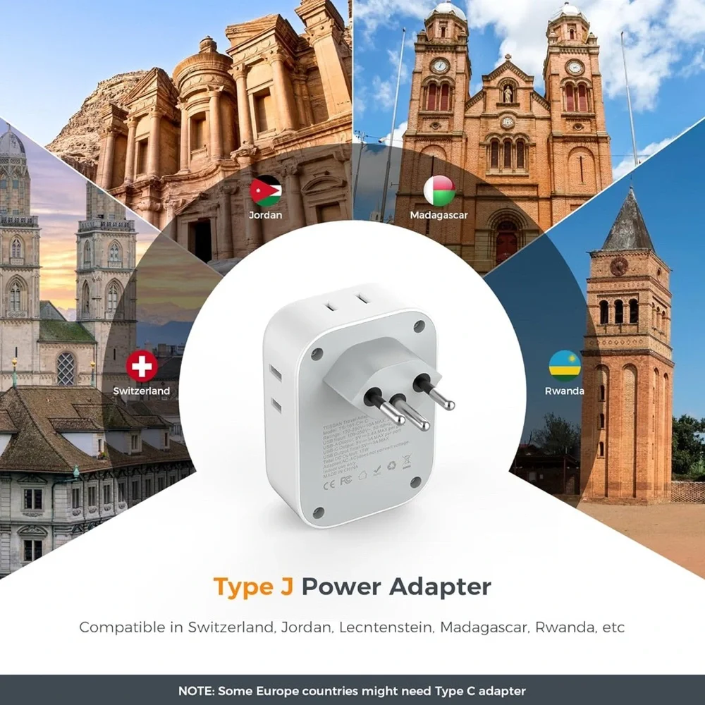 TESSAN Swiss Travel Adapter with USB Ports